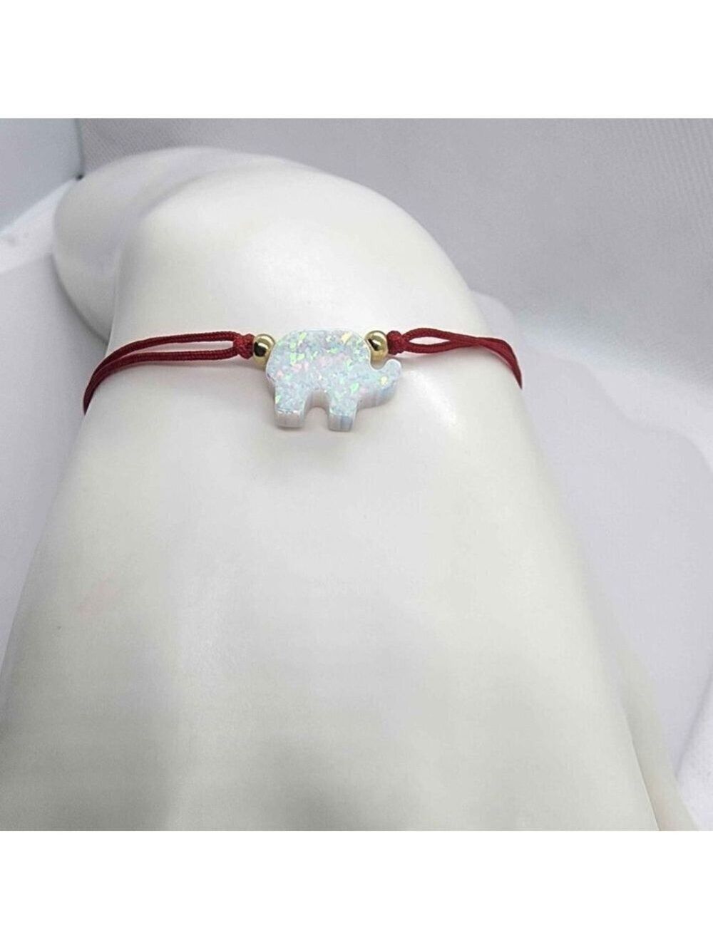 Red String Bracelet with White Fire Opal Elephant Design